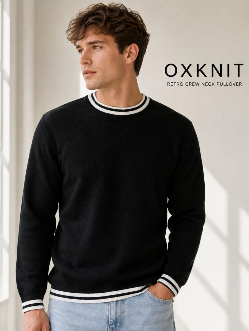 OXKNIT STORE  Vintage  Blk/wht Cotton Crew Neckline Pullover Sweater Sz L